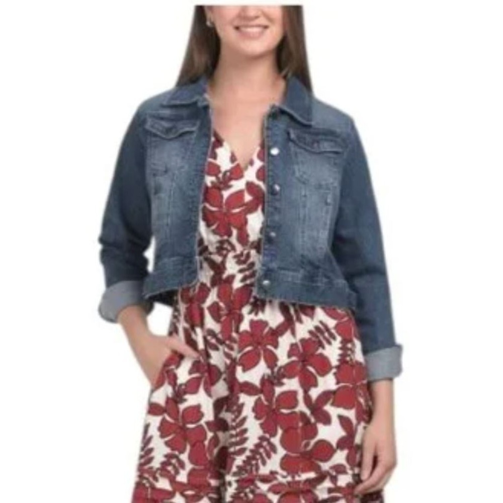 Nicole Miller New York Womens Classic Pocket Cotton Blend Blue Jean Jacket Large